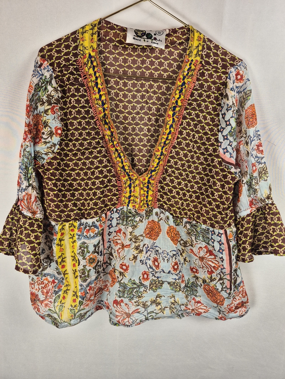 VTG Peace + Love Mixed-Print V-Neck Boho 100% Cotton Blouse  Size L